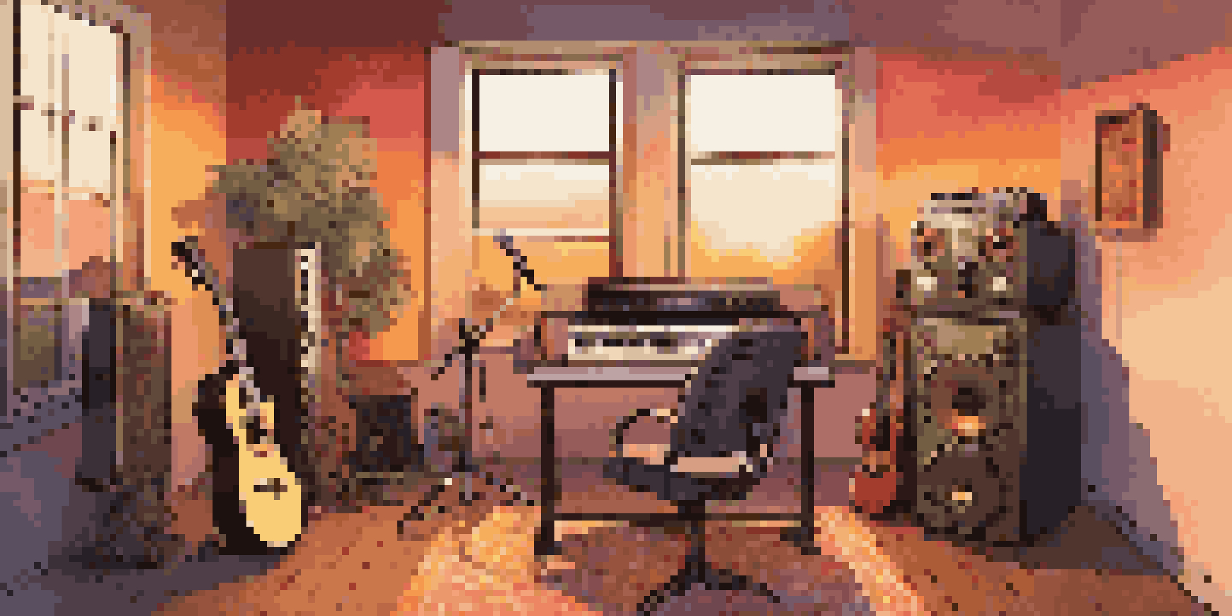 A cozy podcast studio with musical instruments, a microphone, and warm lighting, featuring a sunset view from a window.