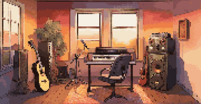 A cozy podcast studio with musical instruments, a microphone, and warm lighting, featuring a sunset view from a window.