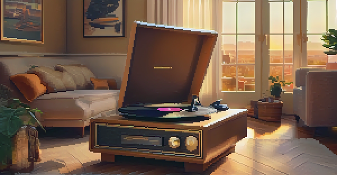A vintage vinyl record player in a cozy living room with warm lighting, surrounded by furniture and a bookshelf.