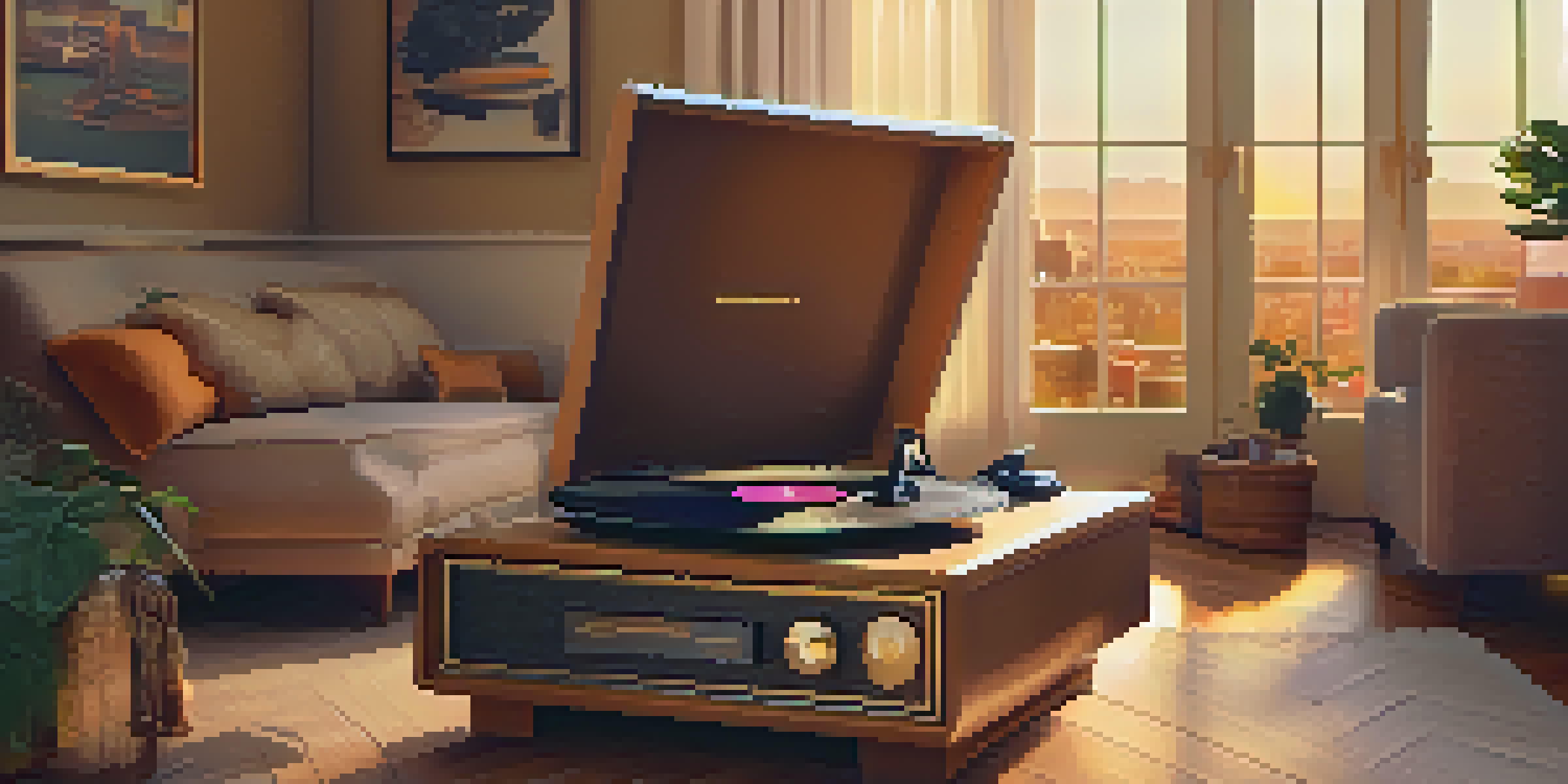 A vintage vinyl record player in a cozy living room with warm lighting, surrounded by furniture and a bookshelf.