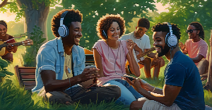 A diverse group of friends enjoying music outdoors, laughing and sharing headphones while surrounded by nature.