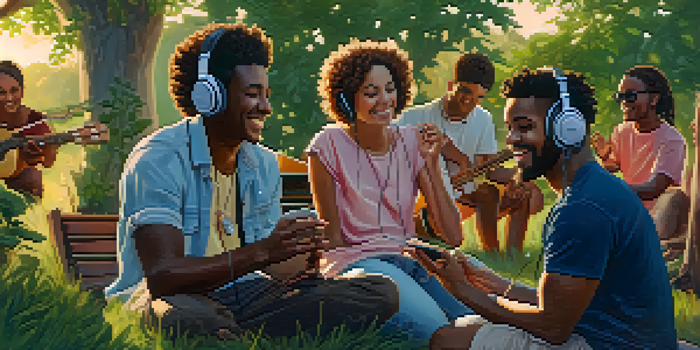 A diverse group of friends enjoying music outdoors, laughing and sharing headphones while surrounded by nature.