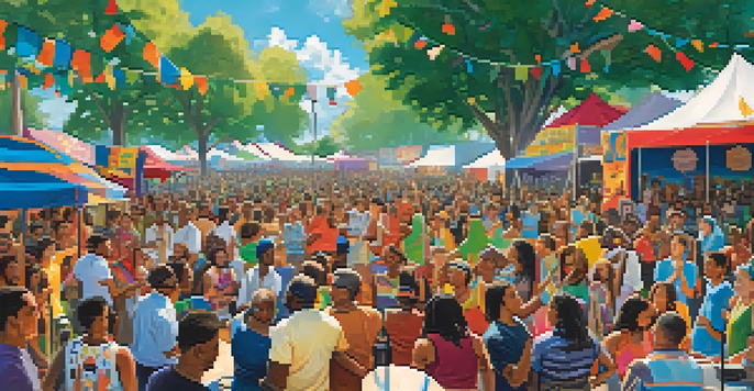 A lively community music festival with diverse attendees enjoying a performance on stage under a clear blue sky.
