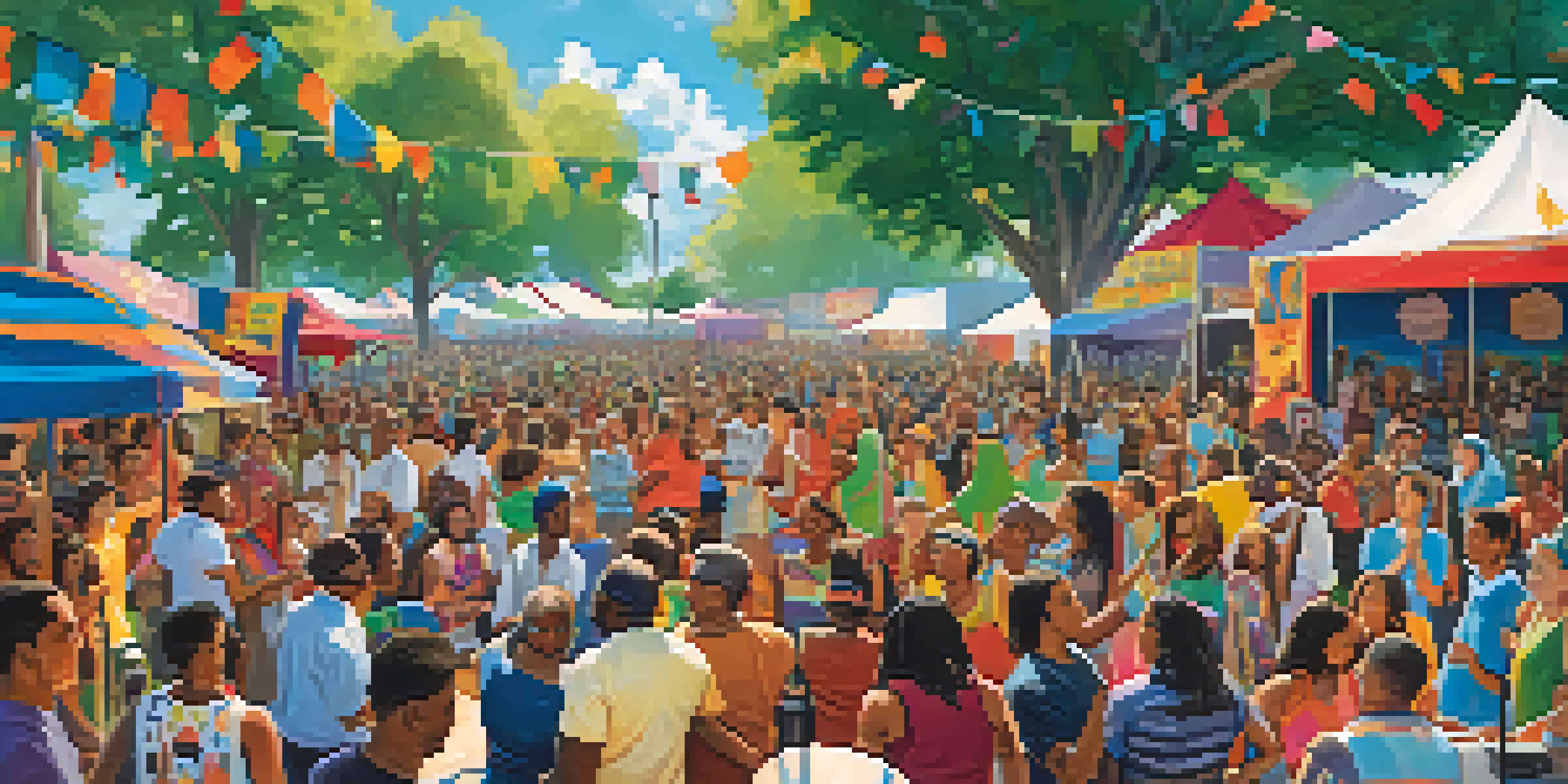 A lively community music festival with diverse attendees enjoying a performance on stage under a clear blue sky.