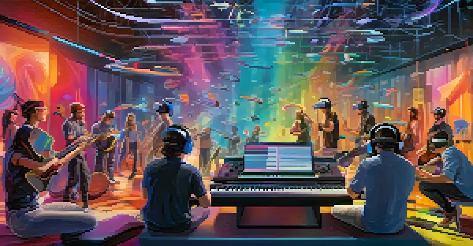 A futuristic virtual reality scene of artists collaborating on music, wearing VR headsets and surrounded by digital instruments and musical notes.