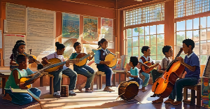 A diverse group of students in a music classroom, surrounded by various global instruments, with sunlight illuminating the scene.