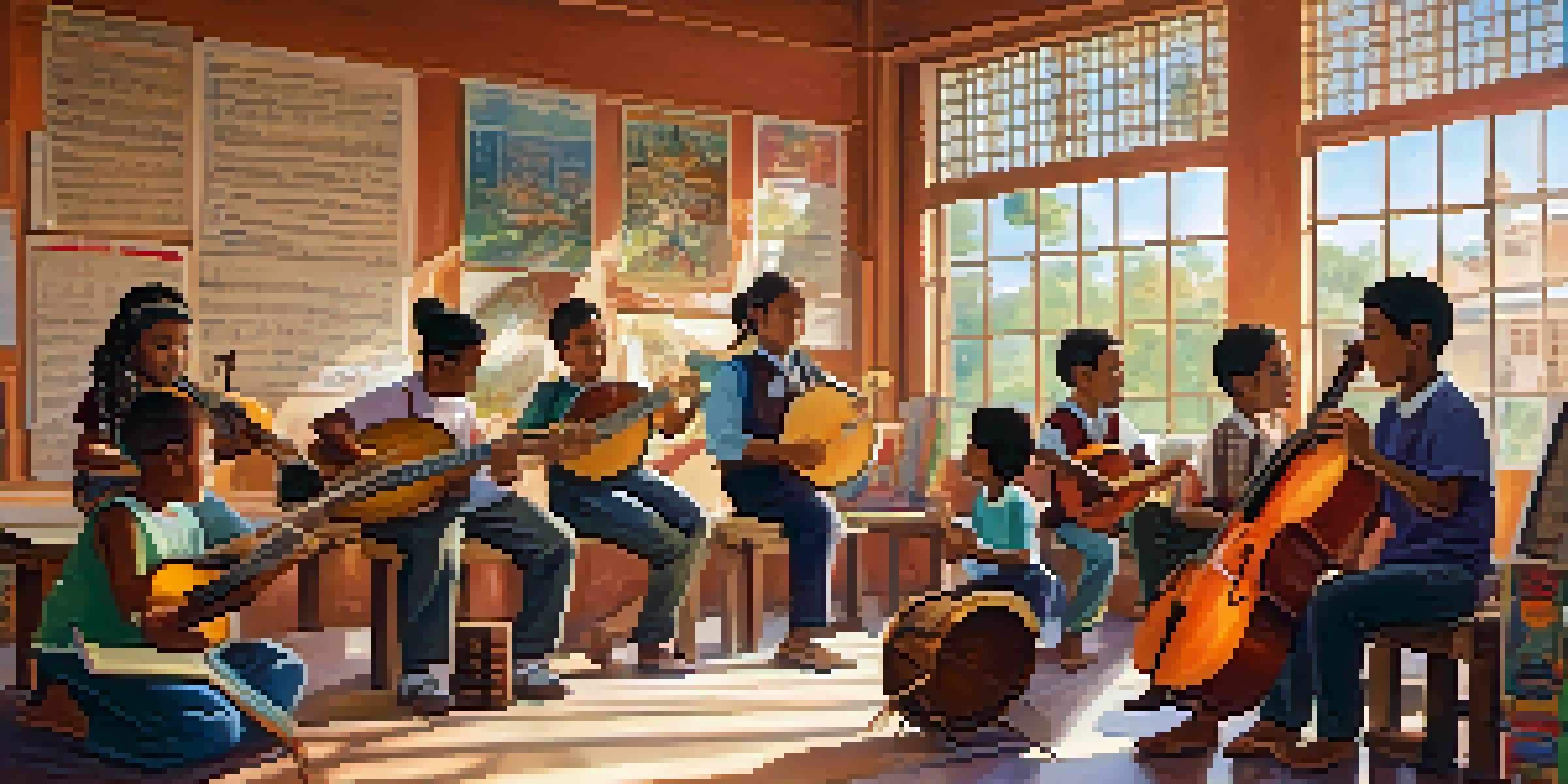 A diverse group of students in a music classroom, surrounded by various global instruments, with sunlight illuminating the scene.