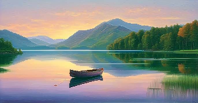 A tranquil lake surrounded by green mountains during a pastel sunset, with a small wooden boat on the water.