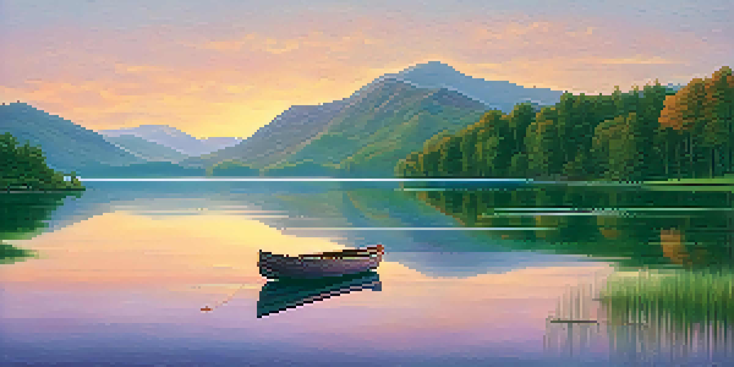 A tranquil lake surrounded by green mountains during a pastel sunset, with a small wooden boat on the water.