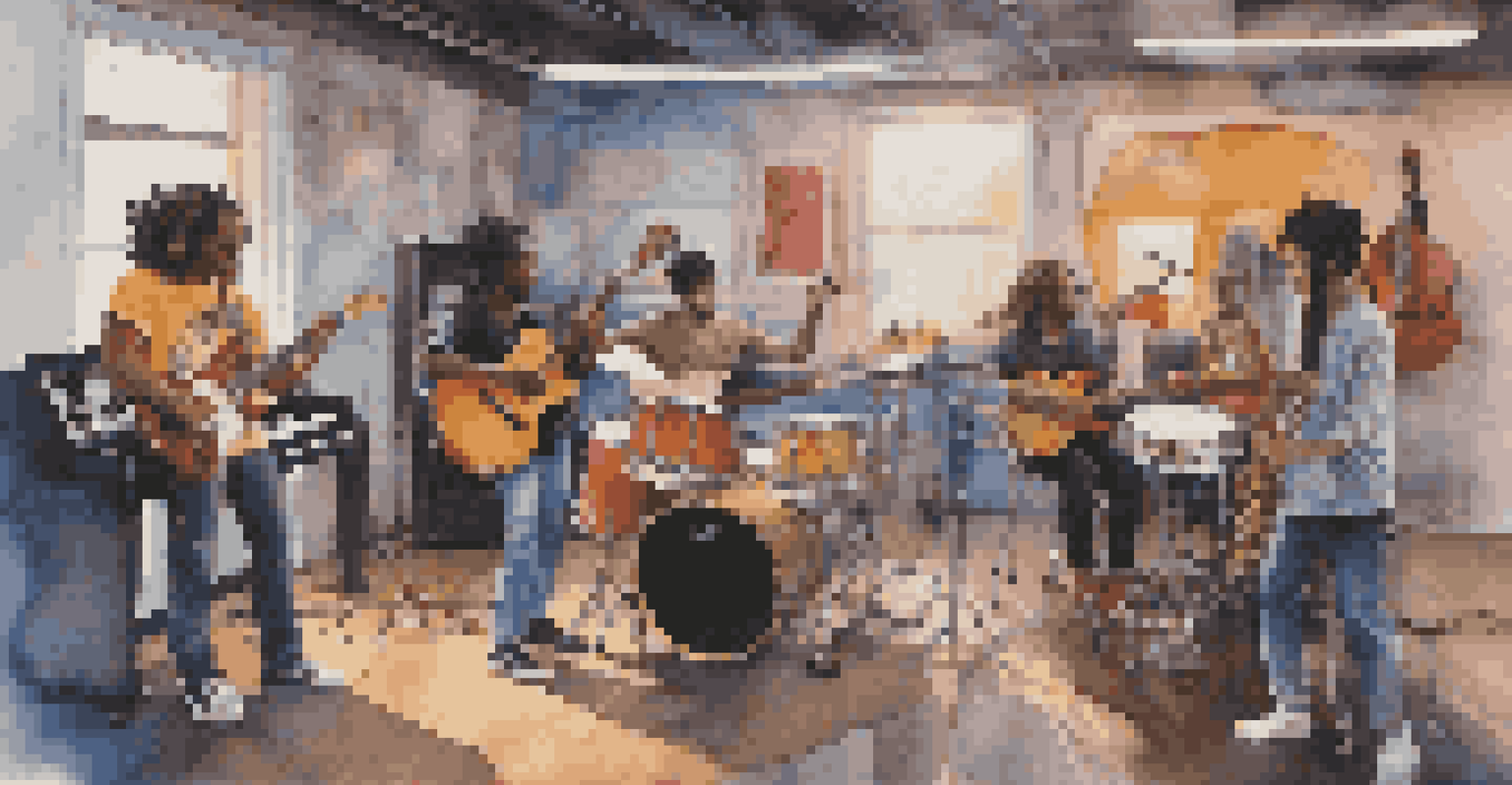 A diverse group of young musicians collaborating in a studio, surrounded by various instruments and colorful posters that represent different music genres.