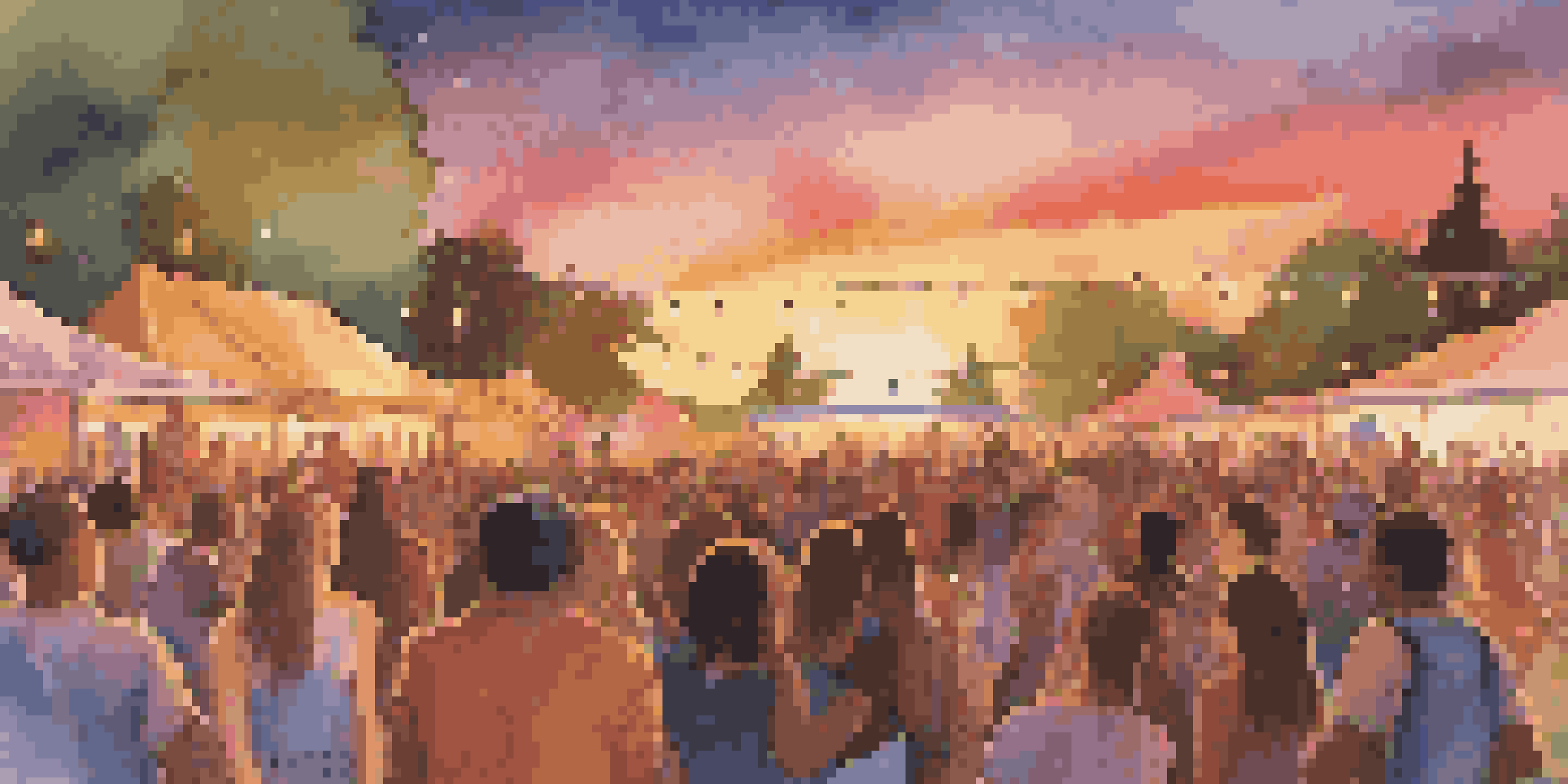 A lively outdoor music festival at sunset with diverse young people dancing and enjoying live performances under colorful lights.