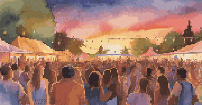 A lively outdoor music festival at sunset with diverse young people dancing and enjoying live performances under colorful lights.