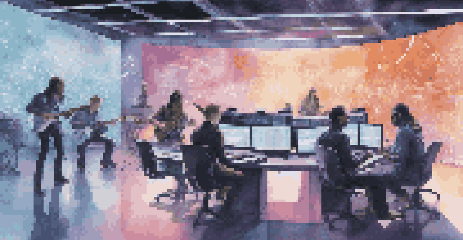 Musicians collaborating virtually in a modern workspace with high-tech equipment and holographic sound waves.