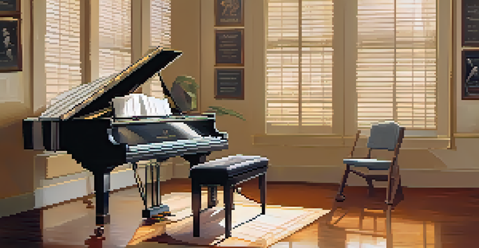 A peaceful singer's practice room with a grand piano, mirror, and sheet music, illuminated by soft lighting.