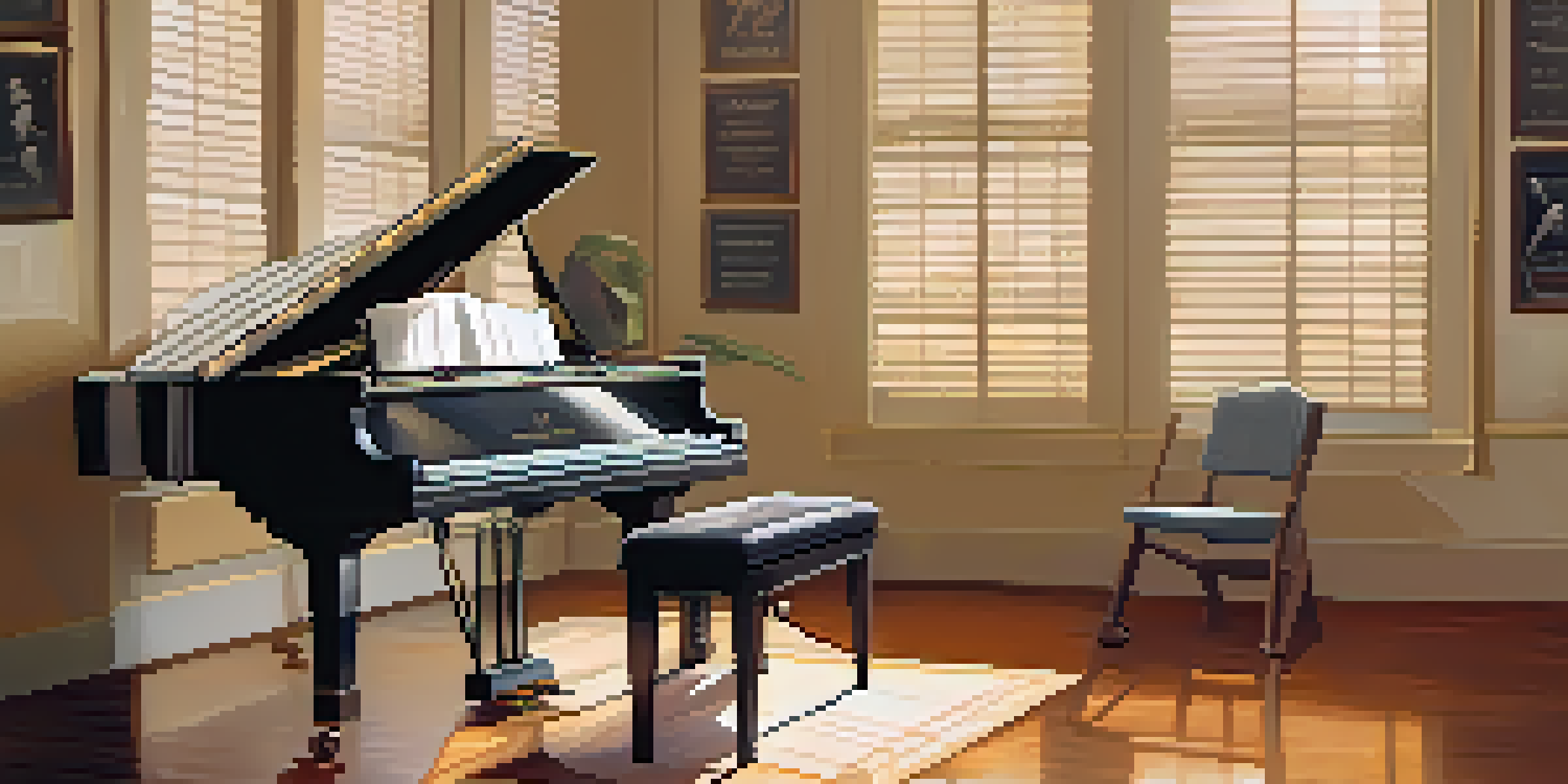 A peaceful singer's practice room with a grand piano, mirror, and sheet music, illuminated by soft lighting.