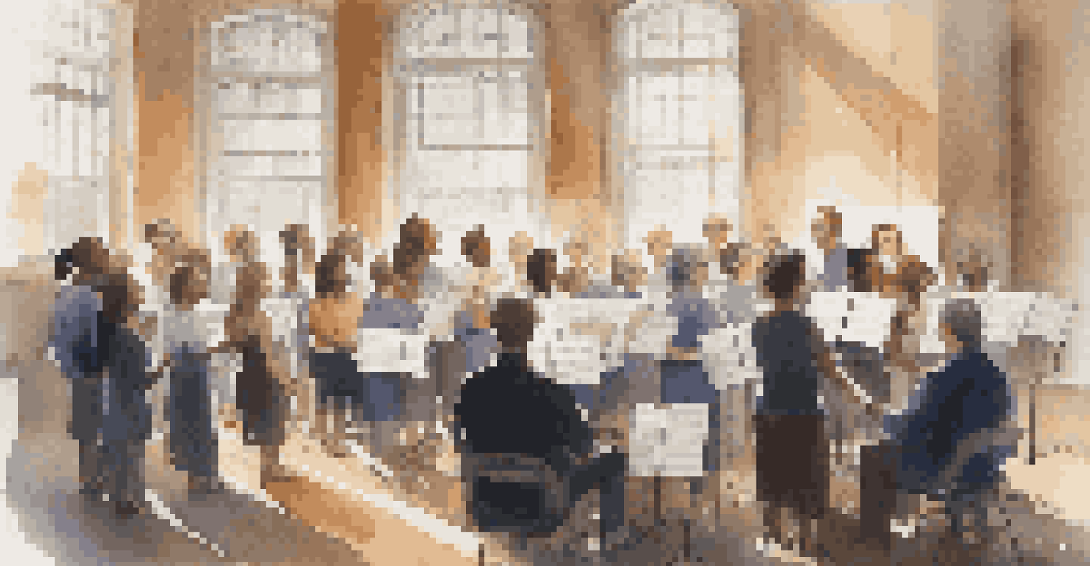 A choir rehearsal scene with a conductor leading a diverse group of engaged singers in a sunlit room.