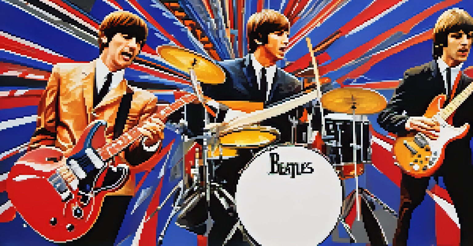 A collage of iconic British bands from the 1960s performing, featuring instruments and abstract musical notes in a bright color scheme.