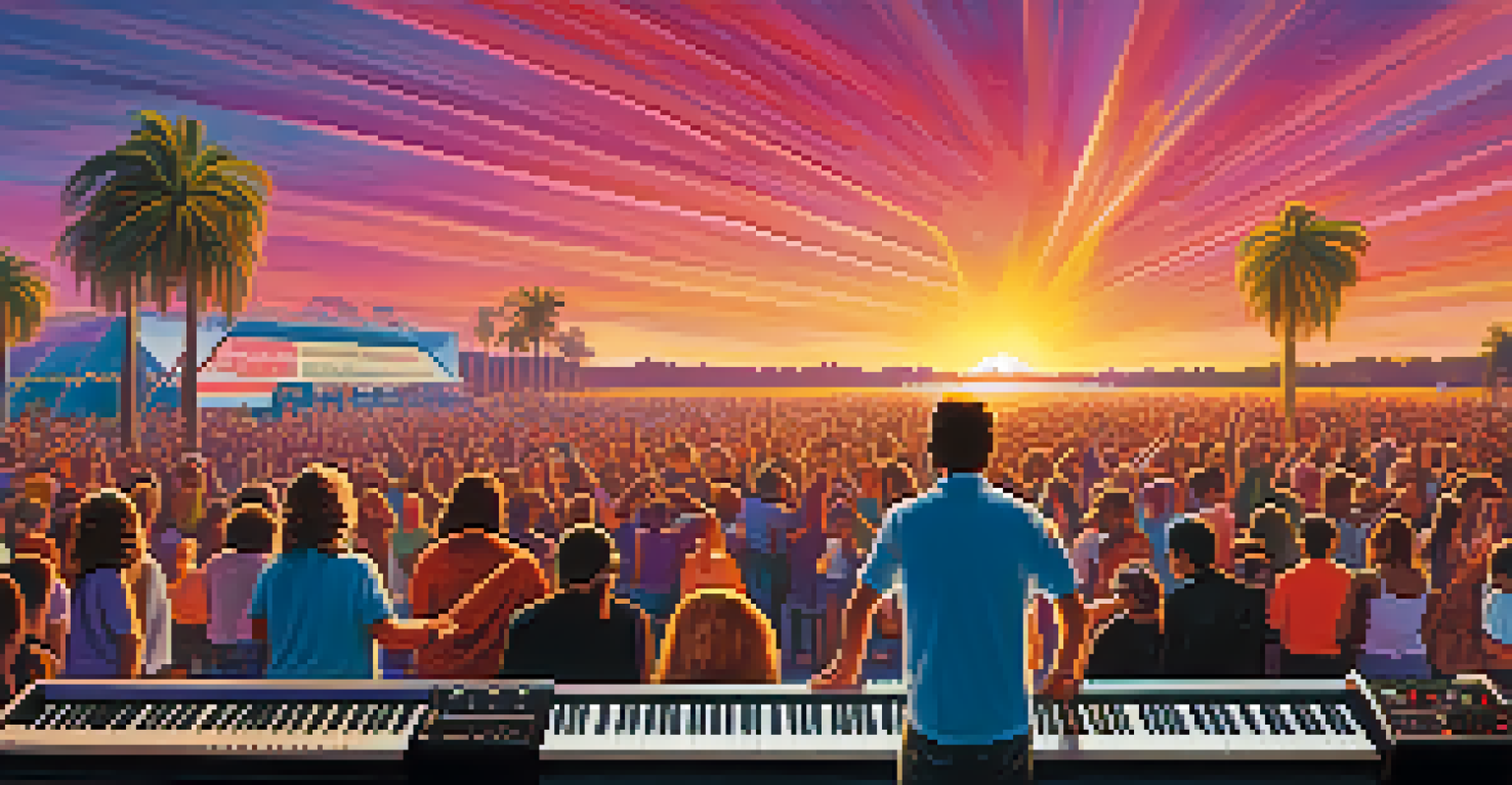 A live performance at an outdoor music festival with a Moog synthesizer on stage and a colorful crowd enjoying the music.