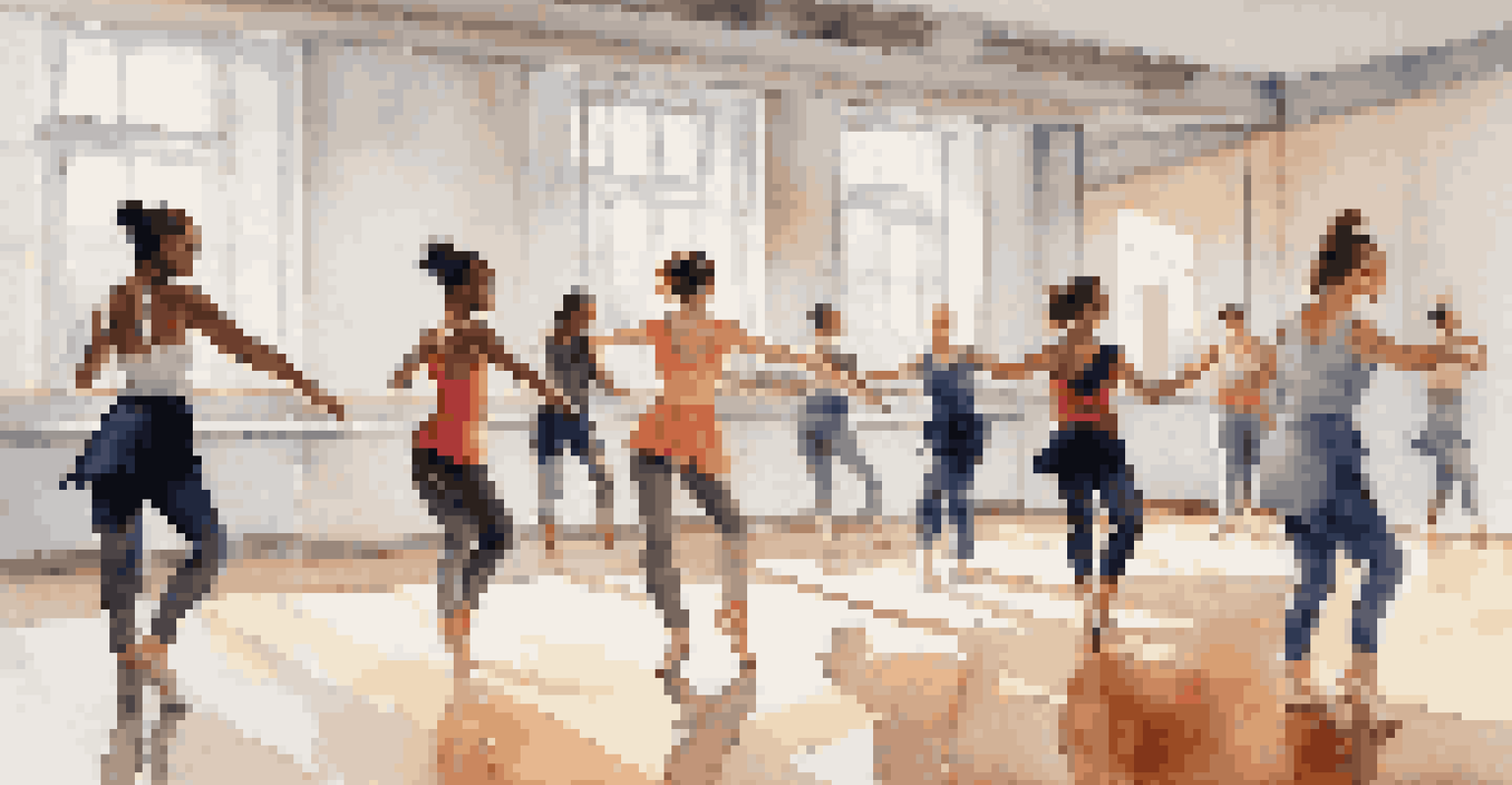 A vibrant dance rehearsal in a bright studio with dancers of diverse backgrounds practicing synchronized movements.