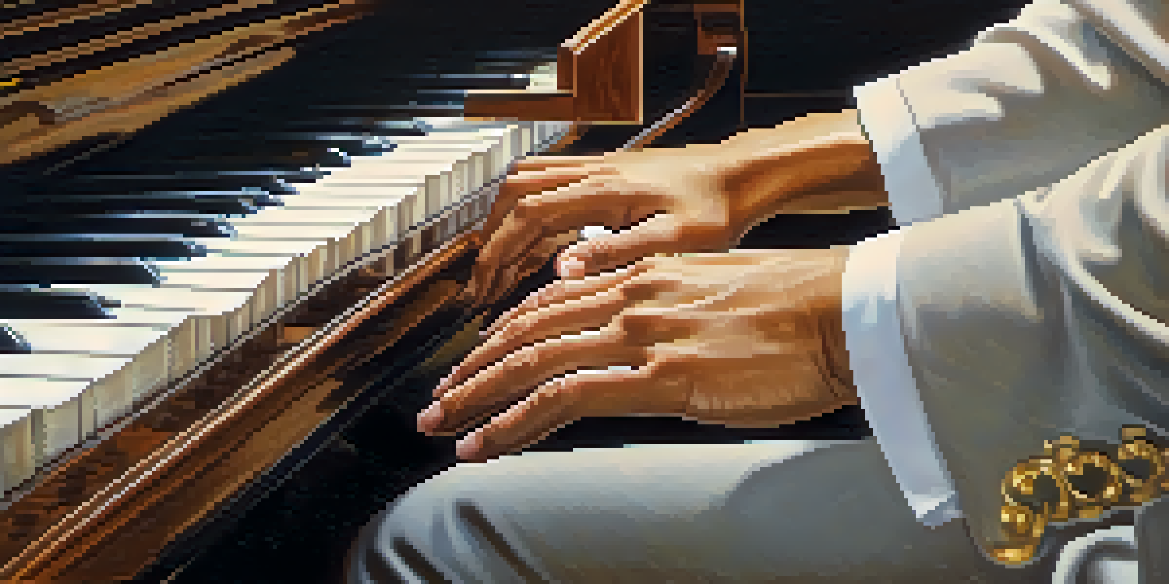 A close-up of a pianist's hands playing a grand piano with sheet music in the background, illuminated by warm lighting.