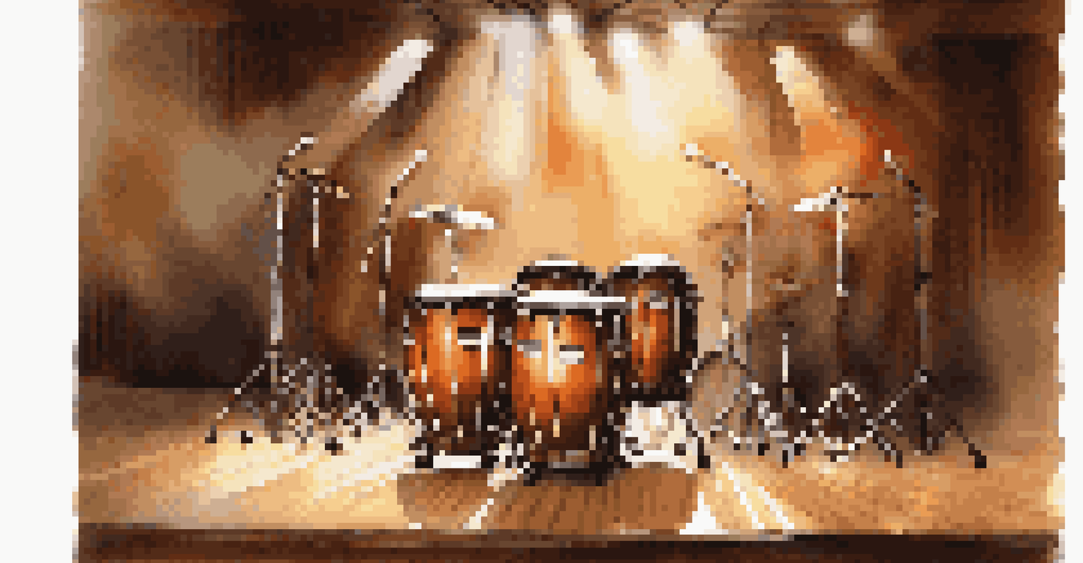 A bongo drum set on a wooden stage with a spotlight, surrounded by other percussion instruments and sheet music.