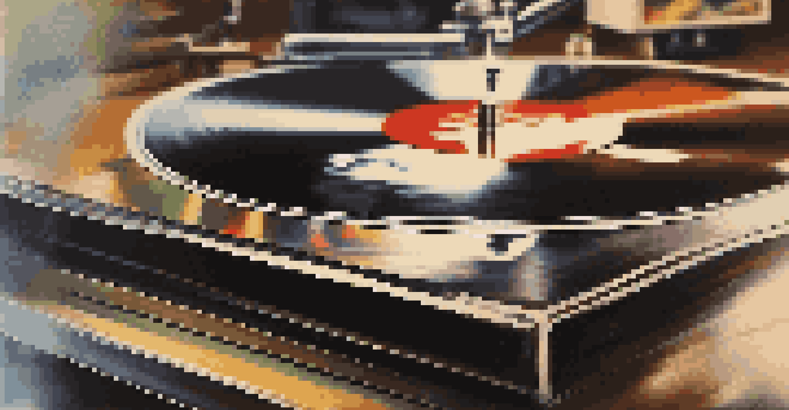 A close-up of a spinning vintage vinyl record on a turntable, with blurred nostalgic advertisements and music memorabilia in the background.