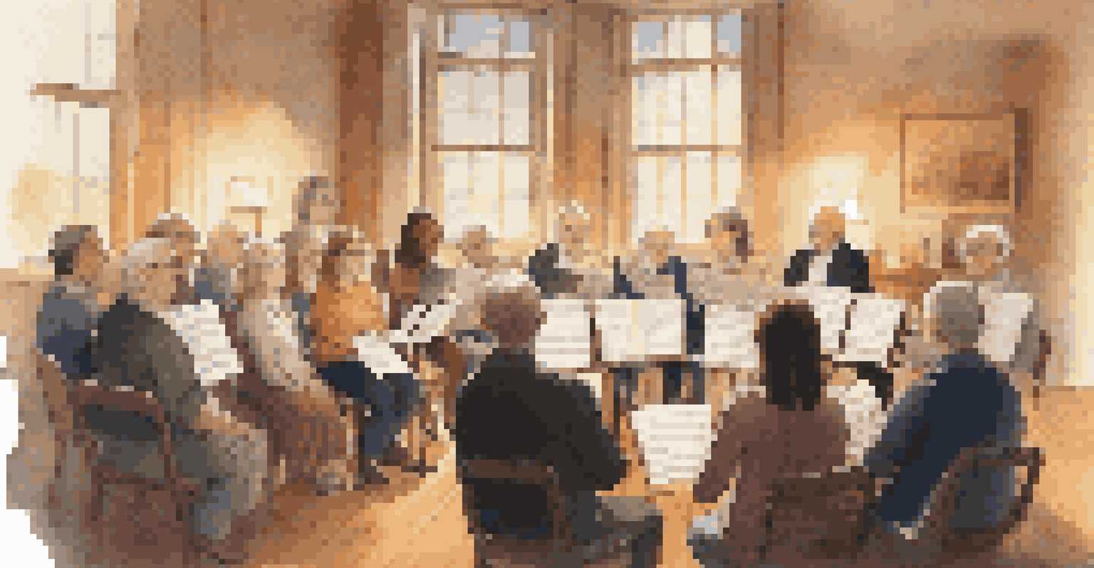 A diverse choir rehearsing in a cozy room, with members of different ages focused on their conductor under warm lighting.
