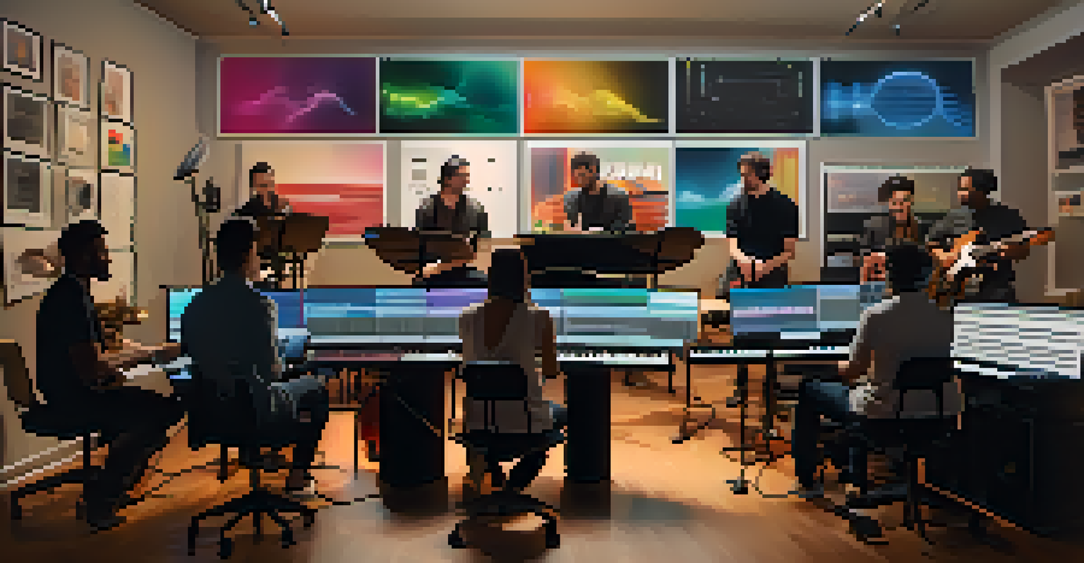 A group of composers collaborating remotely on a video call in their individual creative spaces.