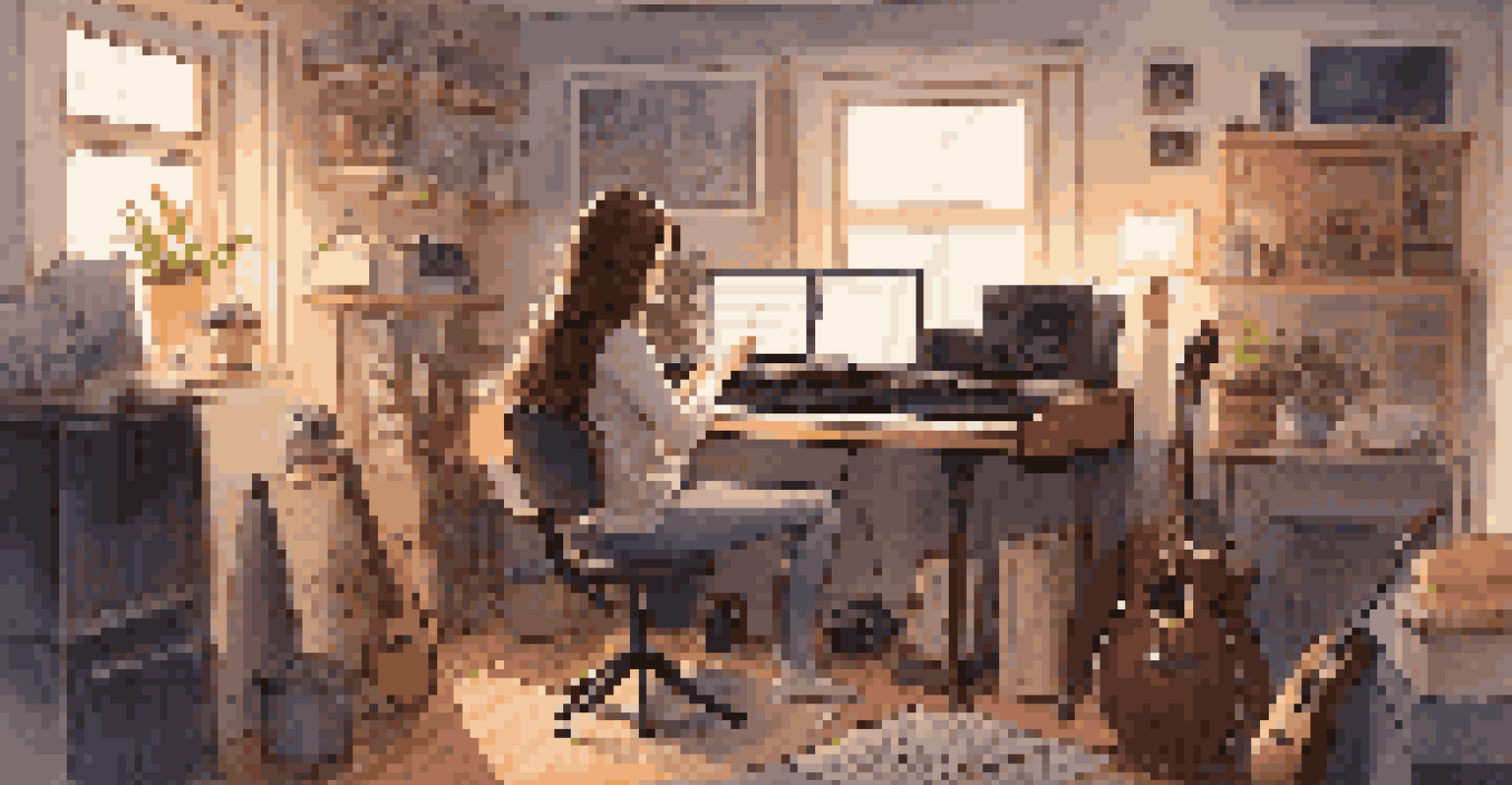 A female musician in a cozy home studio, recording music with various instruments and warm lighting.