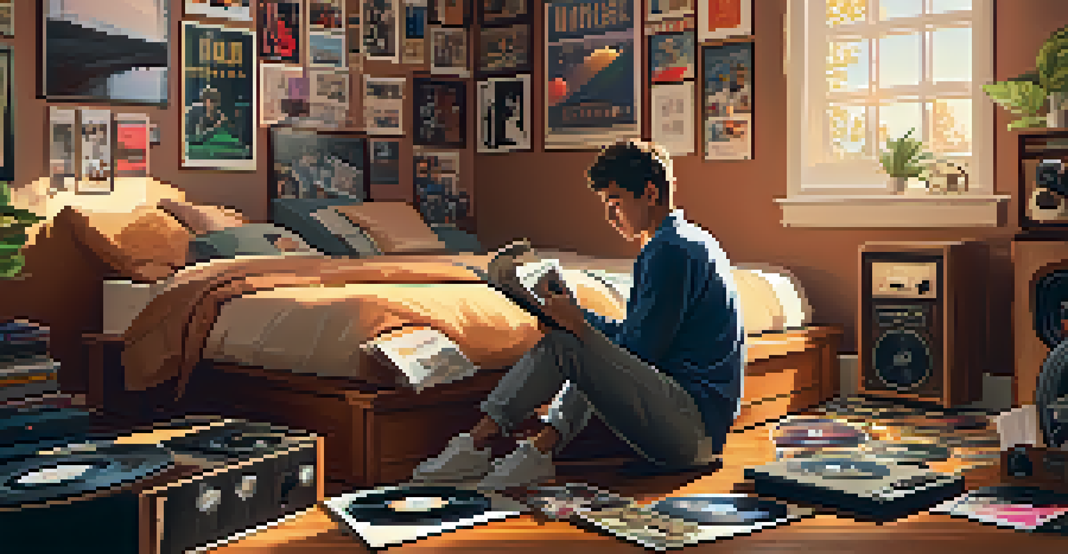 A cozy bedroom with a record player and vinyl records, featuring a young person sitting on the floor, surrounded by posters of classic musicians in warm lighting.