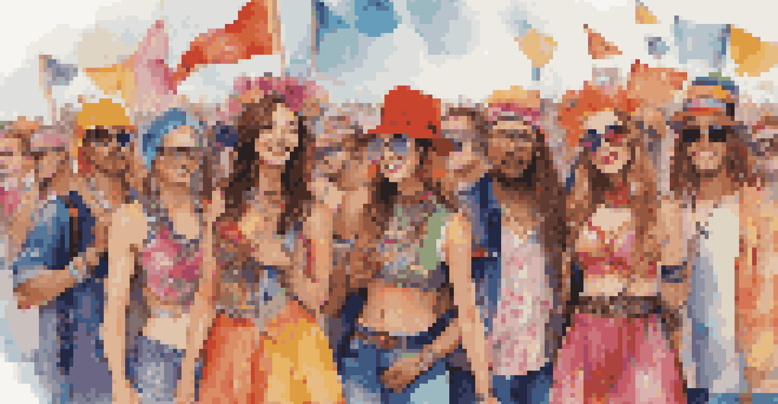 A diverse group of festival-goers wearing vibrant outfits, celebrating the connection between music and fashion.