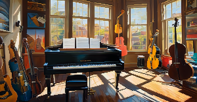 A colorful music studio with instruments and sheet music on a table, sunlight shining through windows.