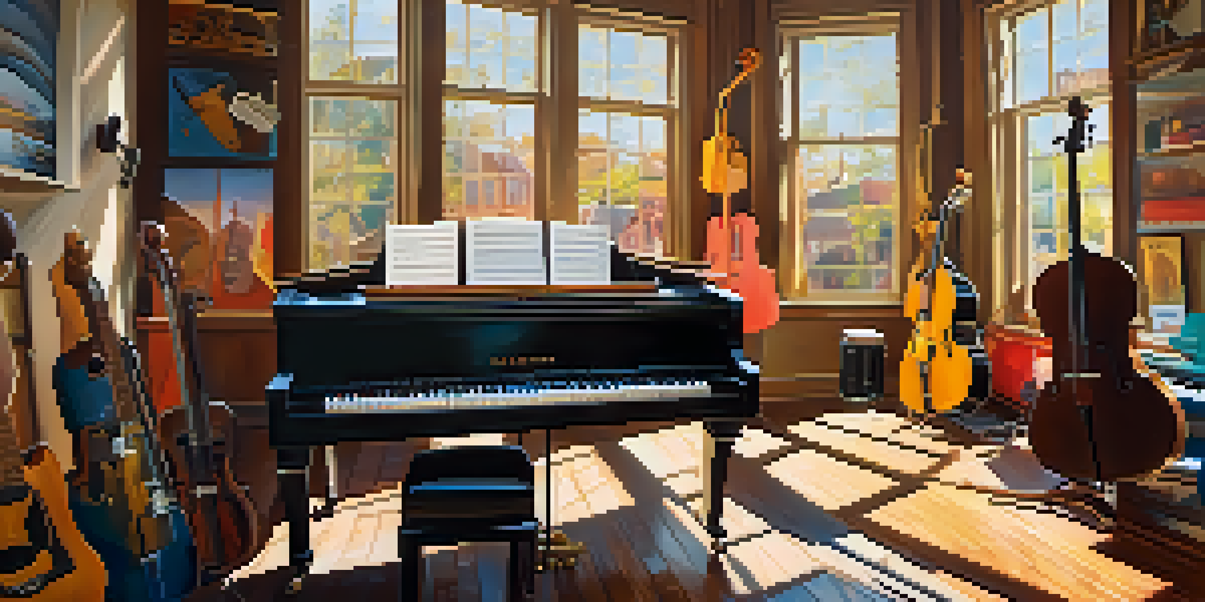 A colorful music studio with instruments and sheet music on a table, sunlight shining through windows.