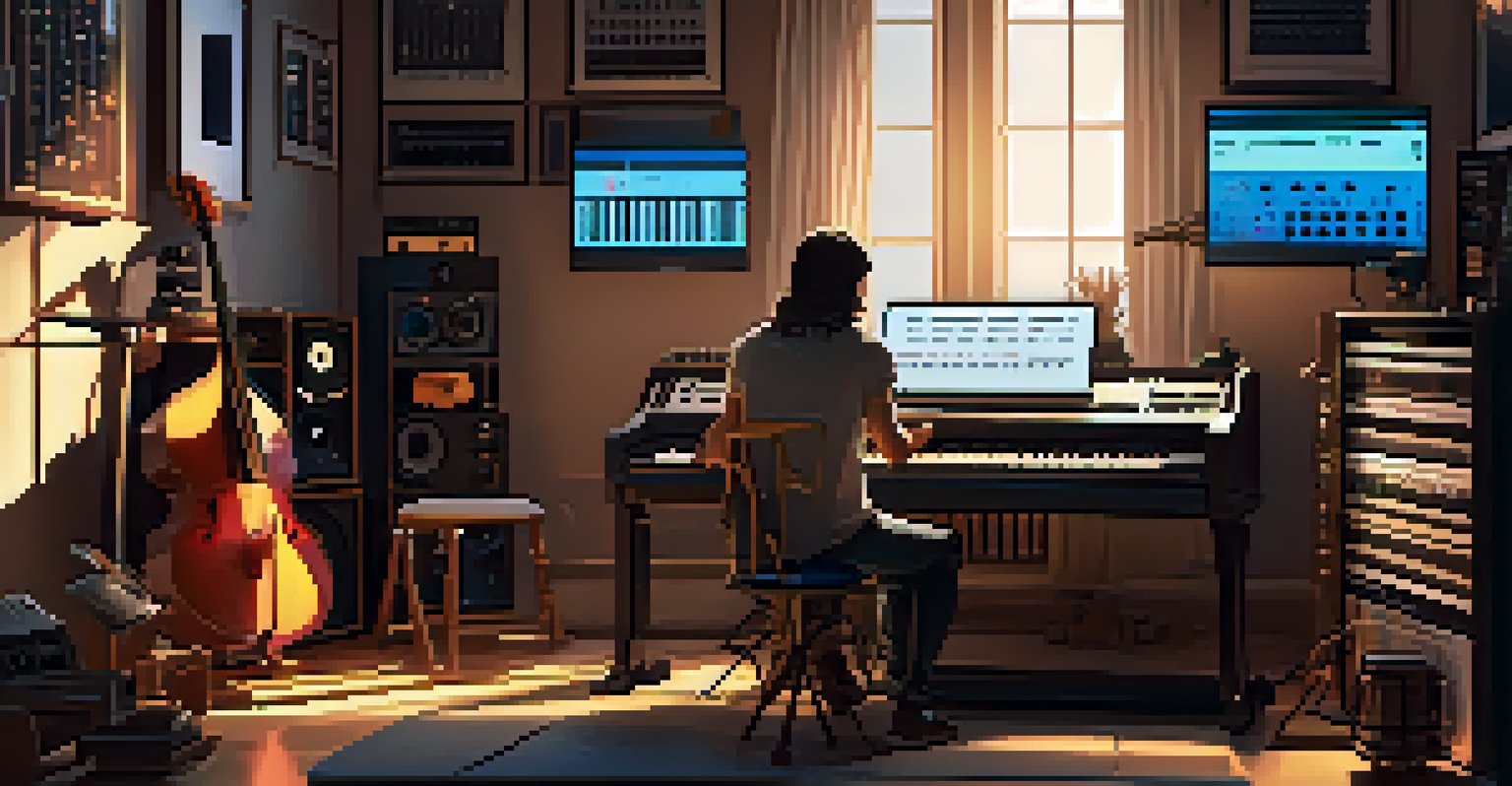 An artist in a home studio working on music production with instruments and a laptop, illuminated by sunlight.