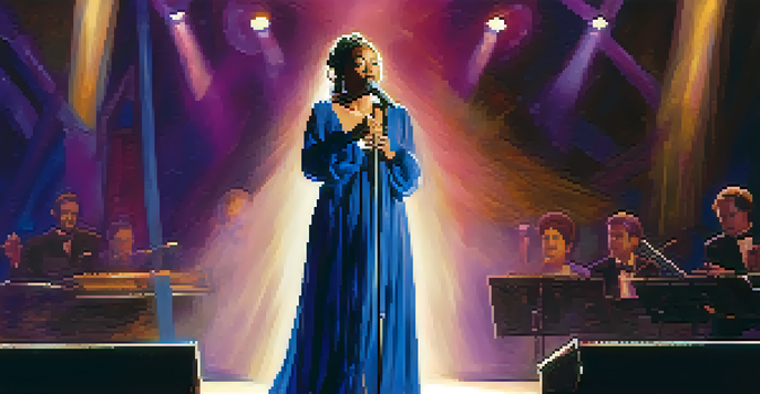 A singer performing on stage with soft lighting, wearing a flowing gown, and an engaged audience in the background.