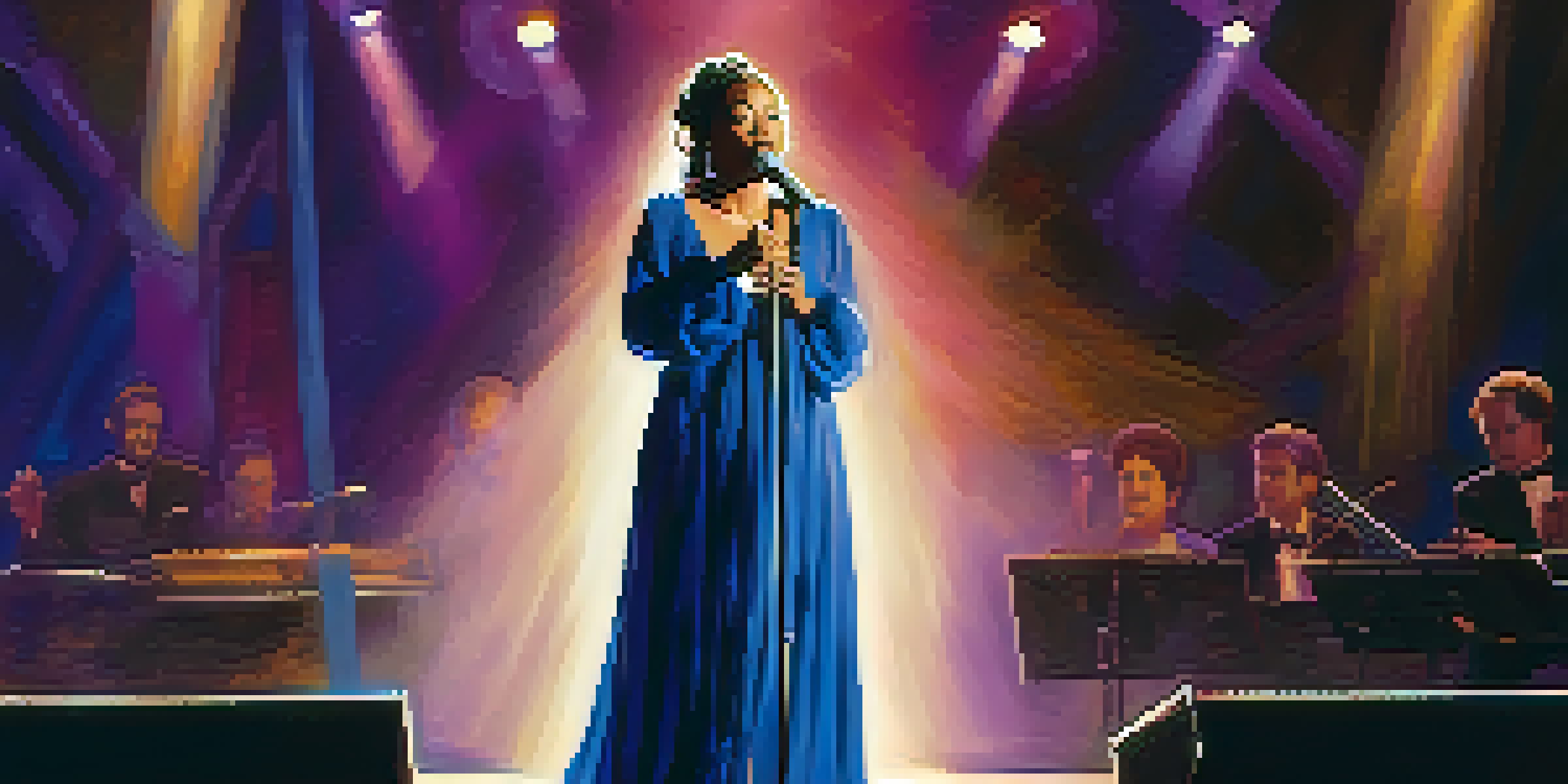 A singer performing on stage with soft lighting, wearing a flowing gown, and an engaged audience in the background.