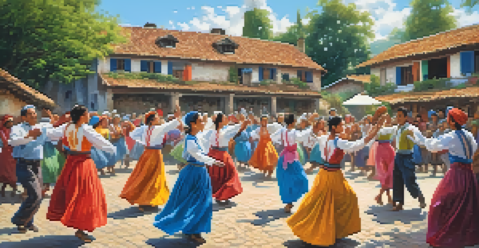 A traditional folk dance in a village square, with dancers in colorful attire and onlookers enjoying the performance.