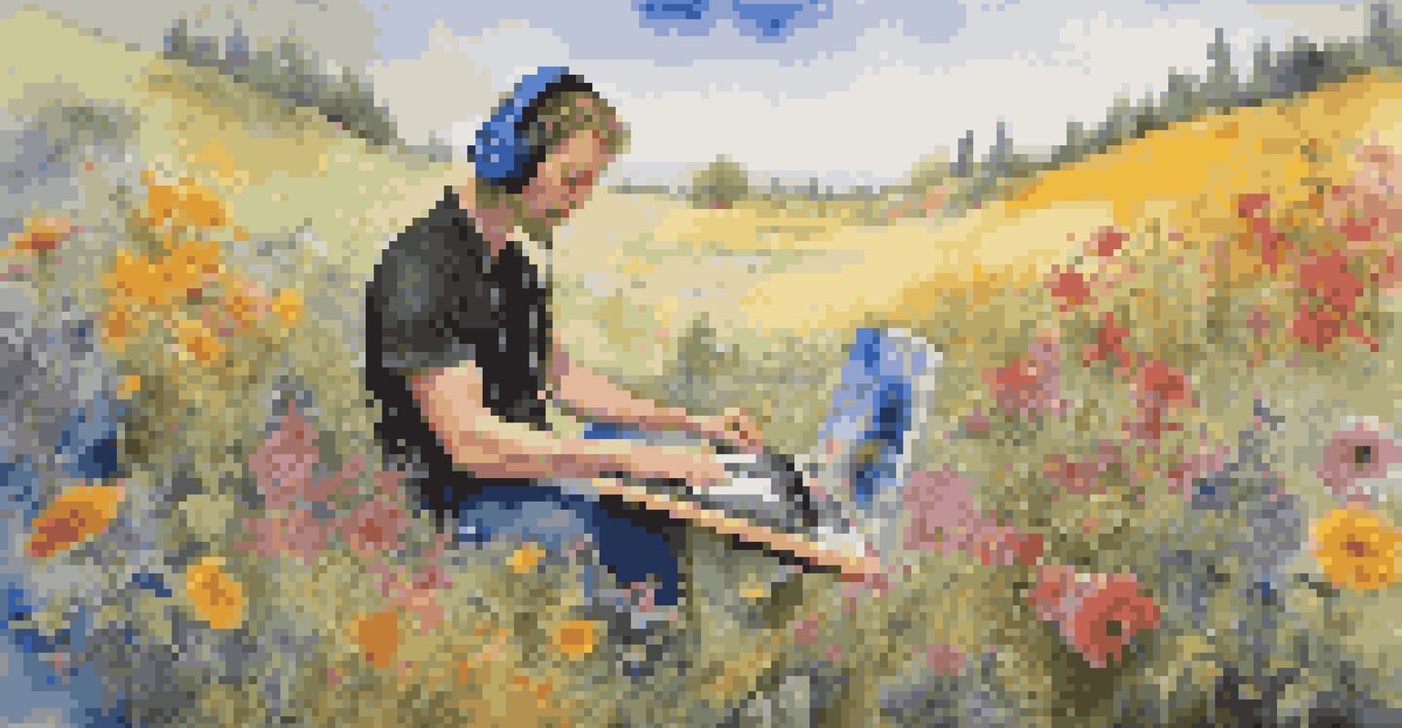 An artist painting outdoors with wildflowers, headphones on, and colorful sound waves merging with the paint on the canvas.
