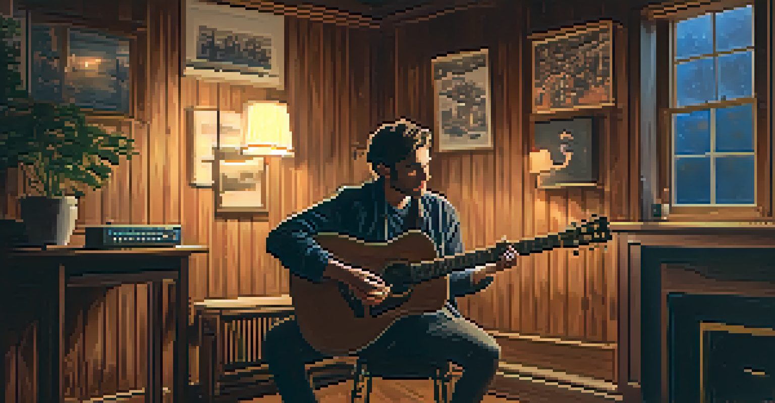 A solo artist performing in a cozy room, playing acoustic guitar, surrounded by warm lighting, evoking emotions of self-discovery.