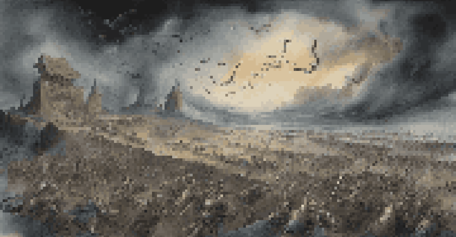An epic battle between mythical creatures on a stormy battlefield, with glowing musical notes in the air.