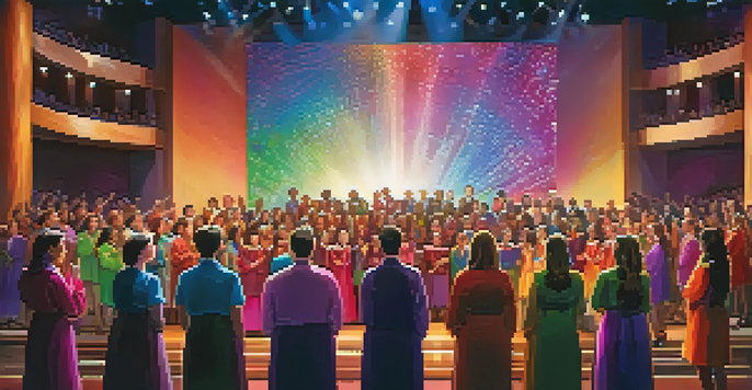 A diverse choir performing on stage with colorful outfits and dynamic lighting, while an engaged audience watches. A large digital screen displays musical notes.