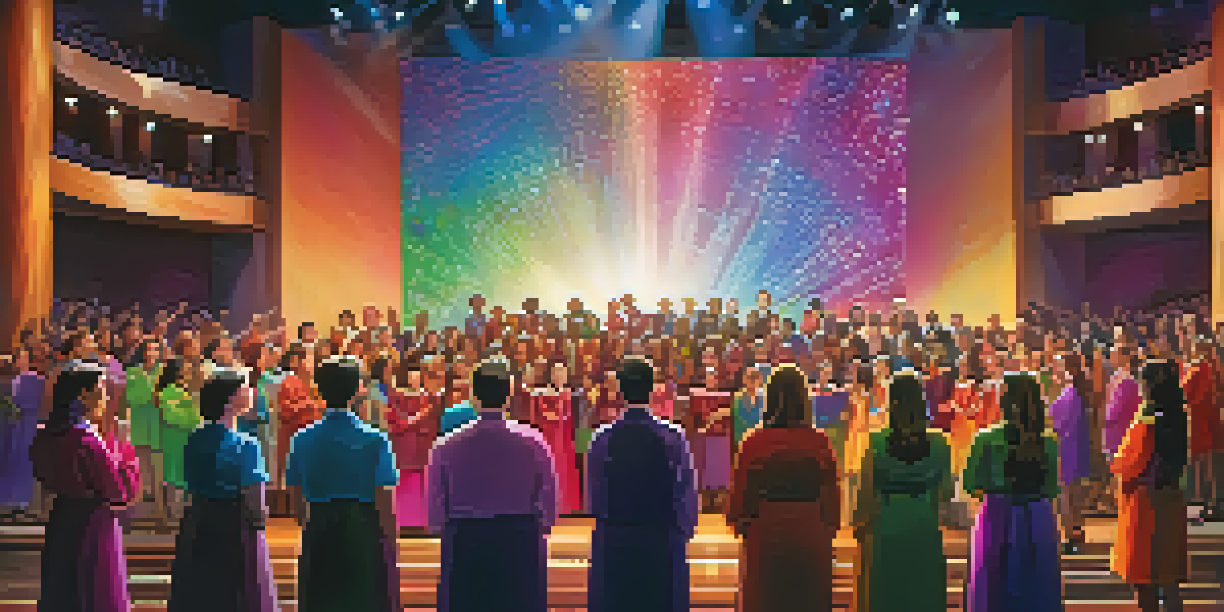 A diverse choir performing on stage with colorful outfits and dynamic lighting, while an engaged audience watches. A large digital screen displays musical notes.