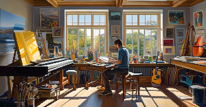 An artist painting in a sunlit studio, with canvases and musical instruments around, showcasing the blend of music and visual art.