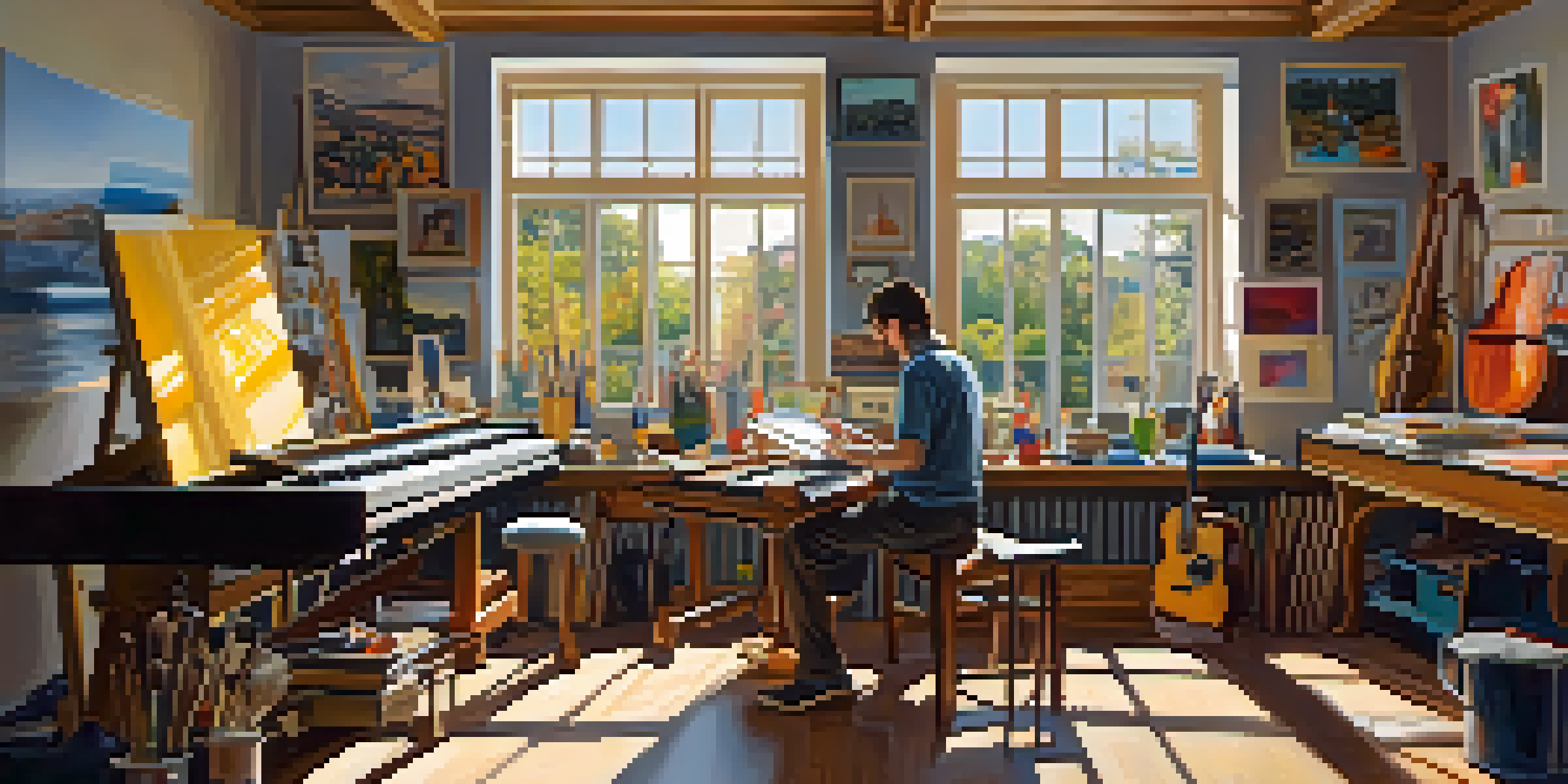 An artist painting in a sunlit studio, with canvases and musical instruments around, showcasing the blend of music and visual art.