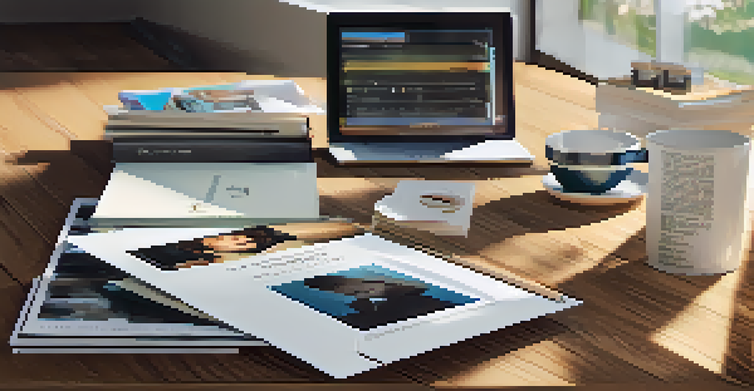 A close-up of a well-organized press kit on a wooden table, featuring a photo of the artist and printed materials.