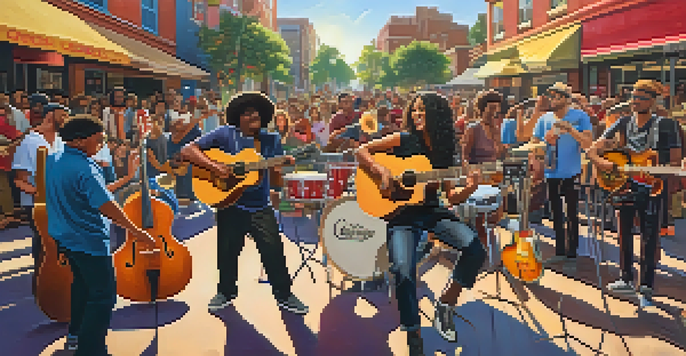 A lively street scene with musicians of various backgrounds performing together, surrounded by colorful murals and an enthusiastic crowd.