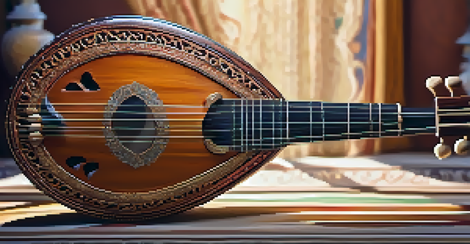 A close-up of a traditional sitar with detailed carvings, showcasing its strings being played by hands, set against a warm backdrop.