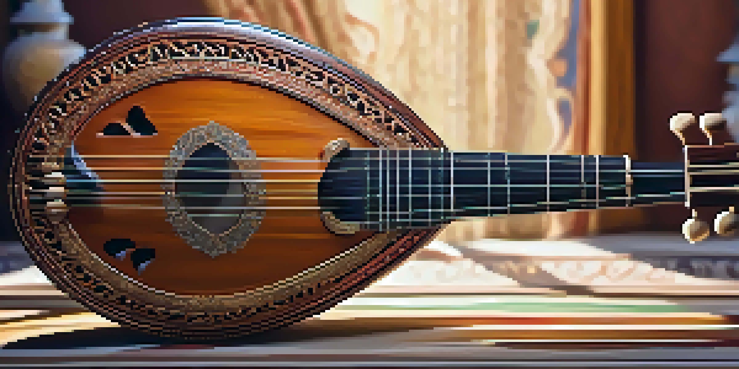 A close-up of a traditional sitar with detailed carvings, showcasing its strings being played by hands, set against a warm backdrop.