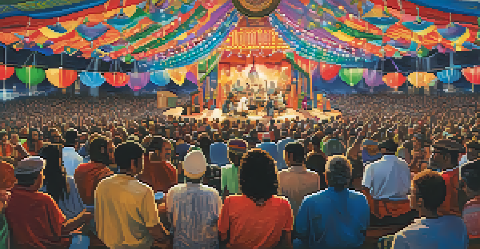 An interfaith music festival with diverse artists performing on stage, showcasing unity and celebration of different musical traditions.