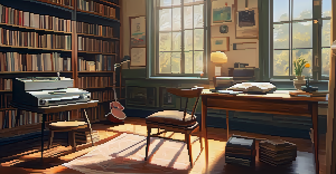 A cozy study room with warm sunlight, a wooden desk, an open notebook, a steaming cup of coffee, and a vintage record player.